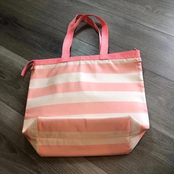 Victoria's Secret Pink White Striped Insulated Cooler Tote Bag Zipper Reusable - Picture 2 of 9